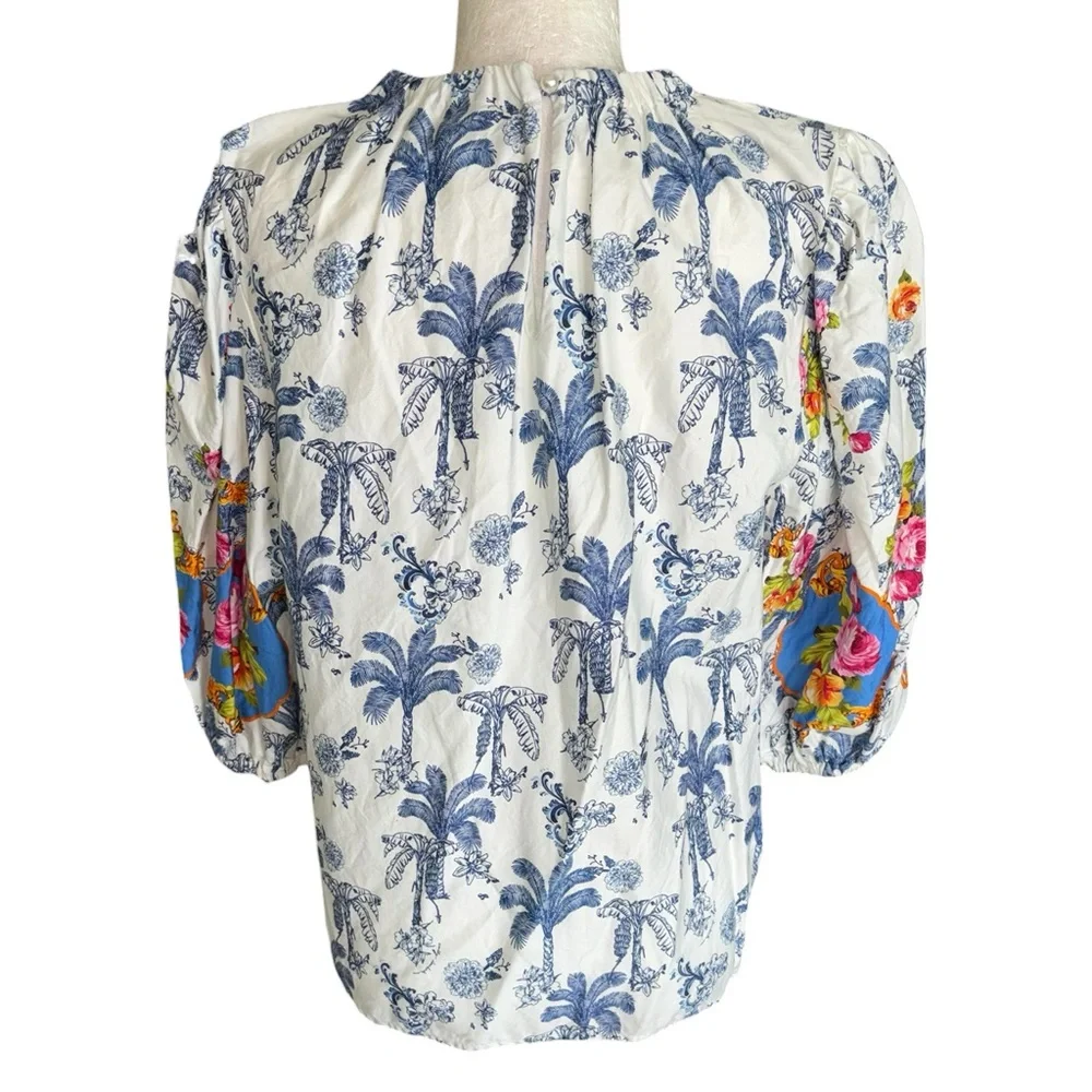 Emily Lovelock Blue Palm Tree Floral Print Puff Sleeve Top - L - Picture 6 of 11